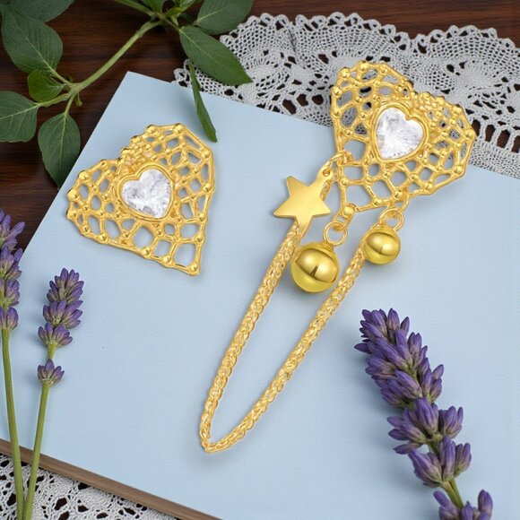 🆕️18K Gold Plated Asymmetrical Heart Earrings with Dangles Sparkling Rhinestone - Picture 1 of 10